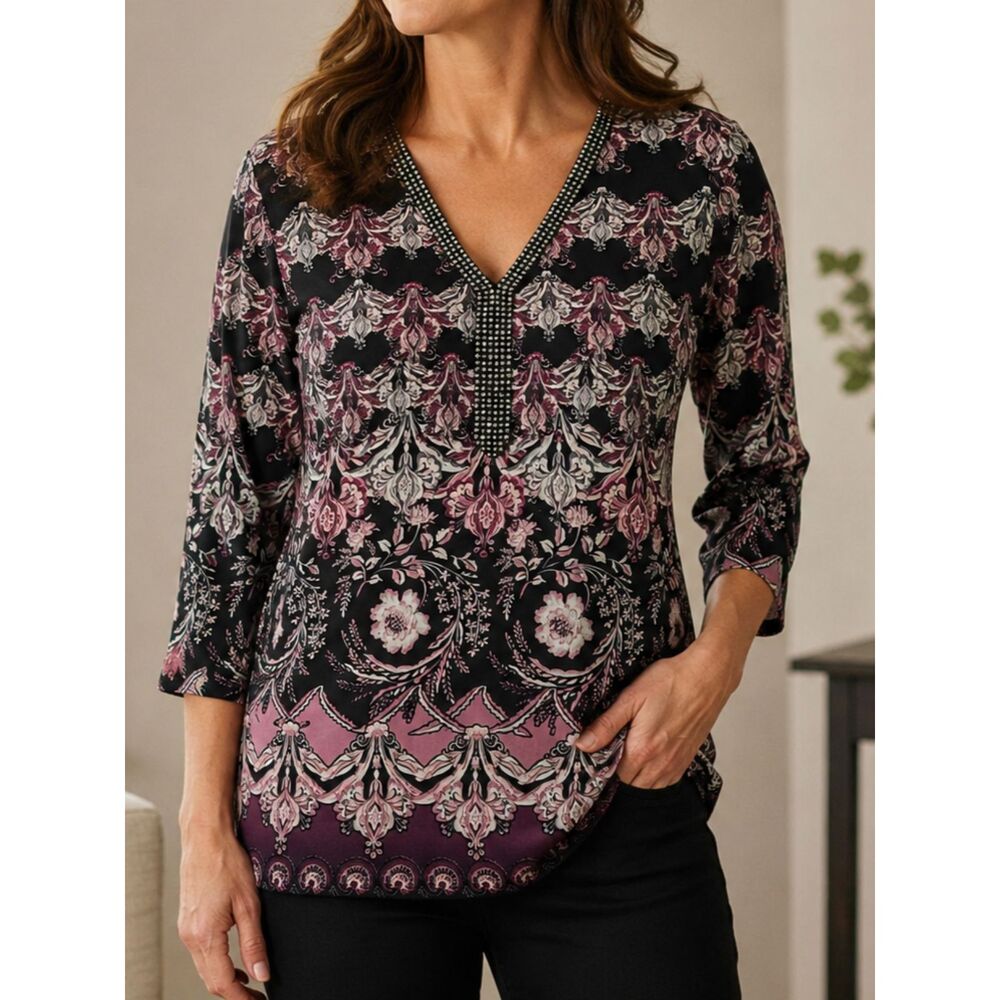 JM Collection Medium Womens Beaded V-Neck Tunic Top Black Pink Floral 3/4 Sleeve